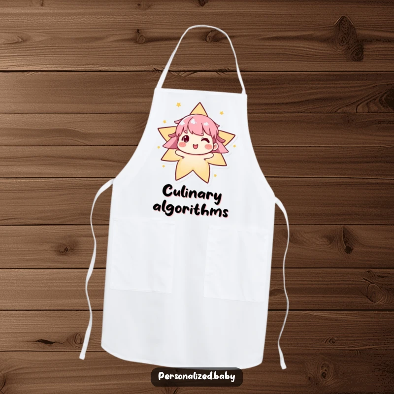 Funny algorithm apron depicting an evolving character delightedly forming a star, designed to add a smart, creative touch to kitchen tasks.