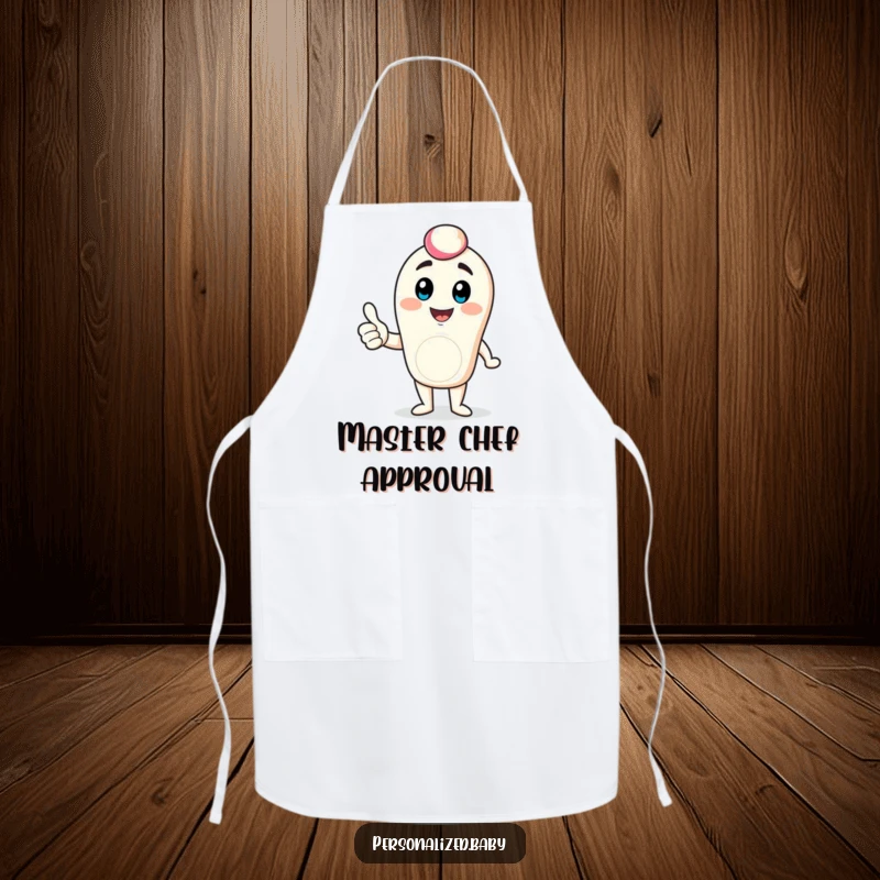 Funny digital avatar apron depicting a bouncing character giving a thumbs up, designed to add positive energy to kitchen tasks.