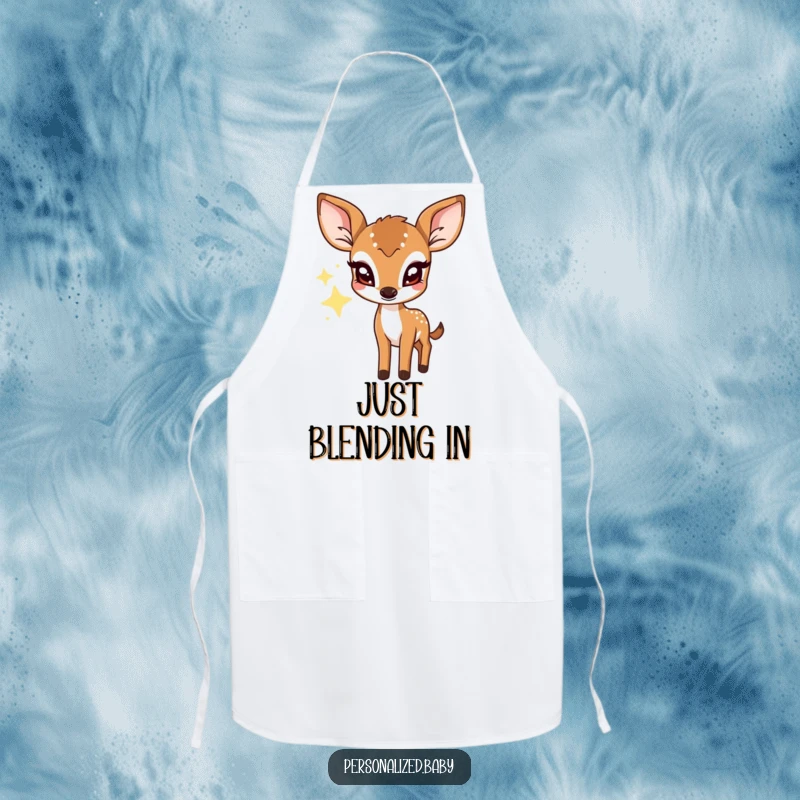 Funny apron featuring a shy deer fawn peeking from behind a twinkling star, perfect for baking and cooking.