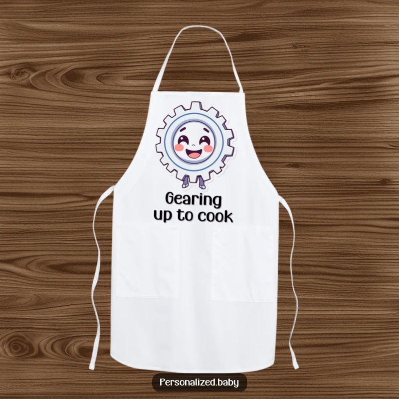Funny Apron: Smiling, spinning gear character exudes playful automation. A humorous and practical funny gift.