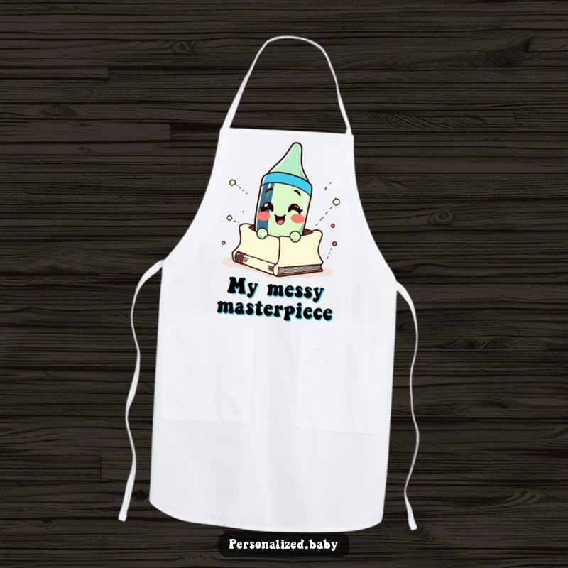 Funny crayon character joyfully bursting out of a sketchbook, printed on an apron to inspire culinary and artistic adventures.