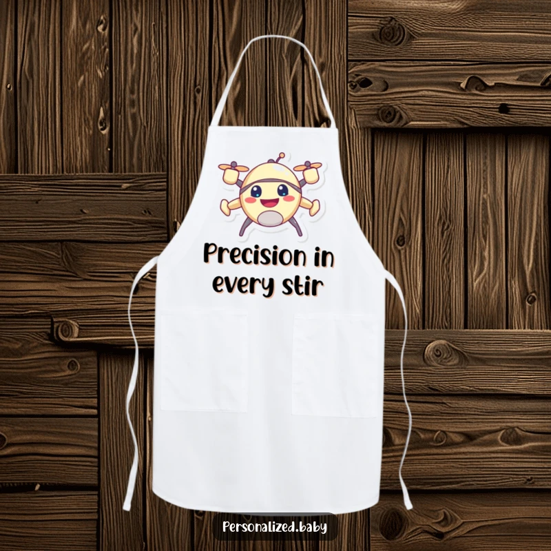 Funny drone apron, showing a happy, buzzing character with a cheerful grin, perfect for cooking.