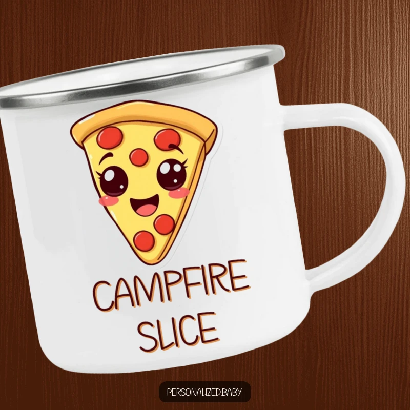 Funny camping mug showing a smiling, bouncy pizza slice with pepperoni eyes, perfect for outdoor trips and pizza lovers, a cool funny gift.