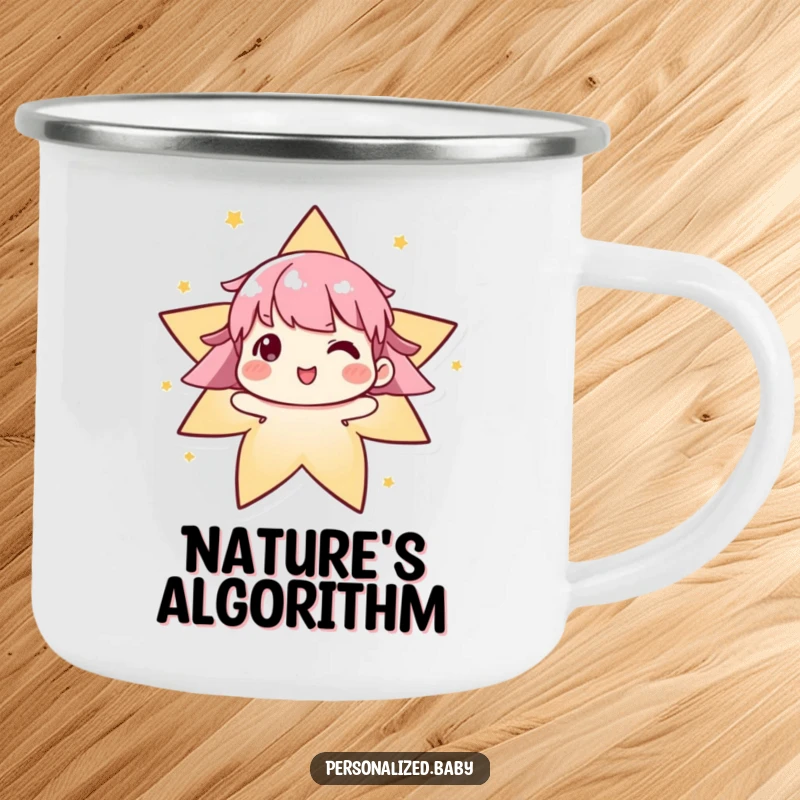 Funny algorithm camping mug featuring an evolving character delightedly forming a star, designed for smart and cool outdoor experiences.
