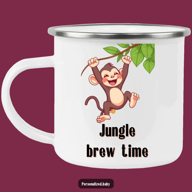 Funny Monkey Camping Mug - Enamel Mischievous Baby Swinging Laughing Cup, a Primate Gift