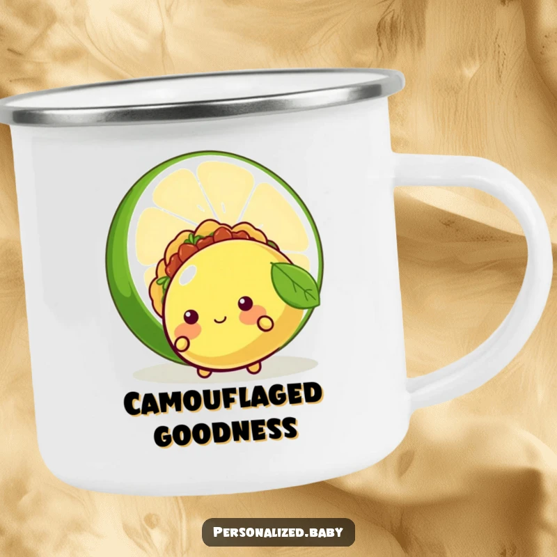 Funny camping mug showing a shy taco character hiding behind a lime, perfect for outdoor trips and taco lovers, a cool funny gift.