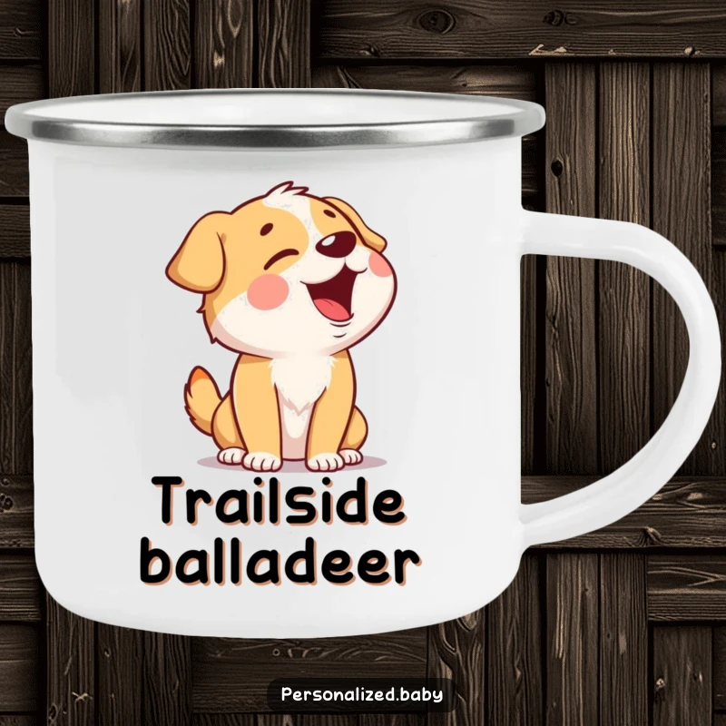 Funny Singing Dog Camping Mug featuring a giggling dog character singing with head tilted back, perfect for enjoying drinks outdoors with musical humor.