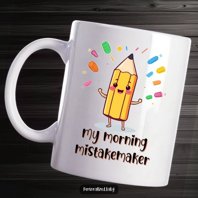 Funny anthropomorphic pencil character expertly juggling colorful eraser marks, symbolizing creative chaos and fun.