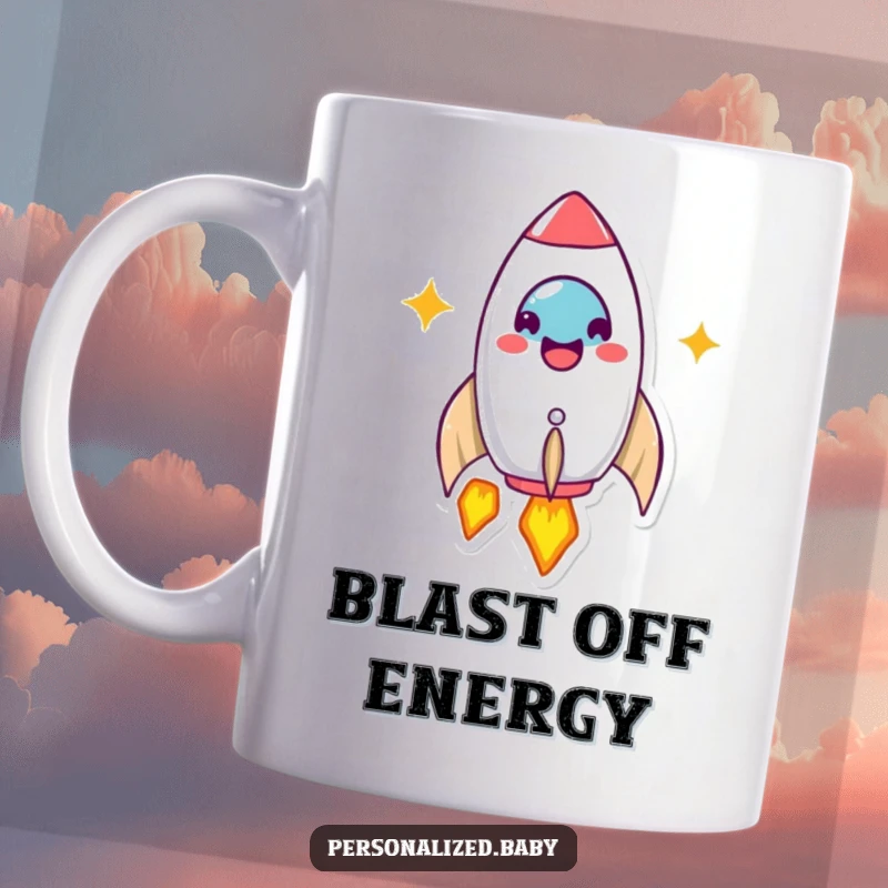 Funny Mug: Beaming rocket ship character launches with a happy expression, symbolizing excitement. A great funny gift.