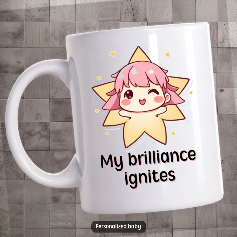 Funny algorithm mug showing an evolving character delightedly forming a shining star, symbolizing intelligence and creative coding.