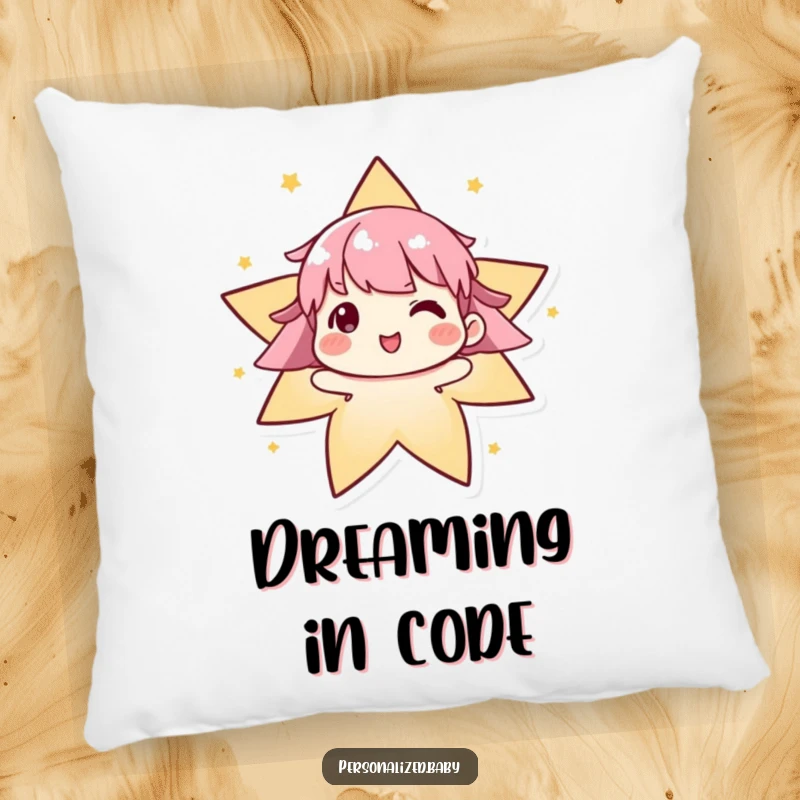 Funny algorithm pillow featuring an evolving character delightedly forming a star, providing cozy comfort with a smart, futuristic aesthetic.