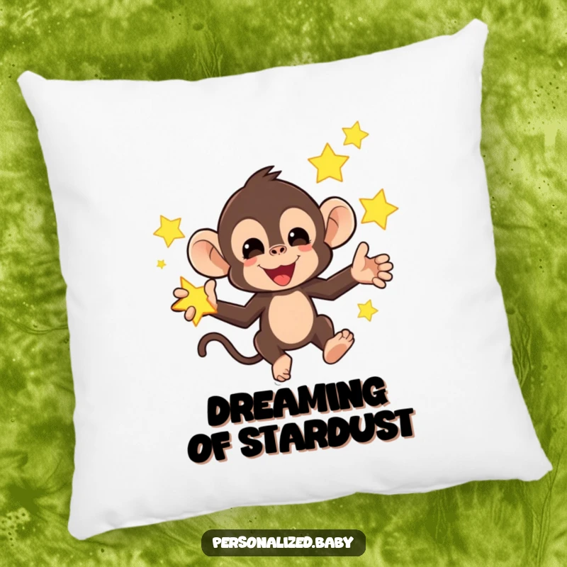 Funny pillow with a mischievous monkey juggling bright, glowing stars, offering soft, humorous, and celestial comfort.