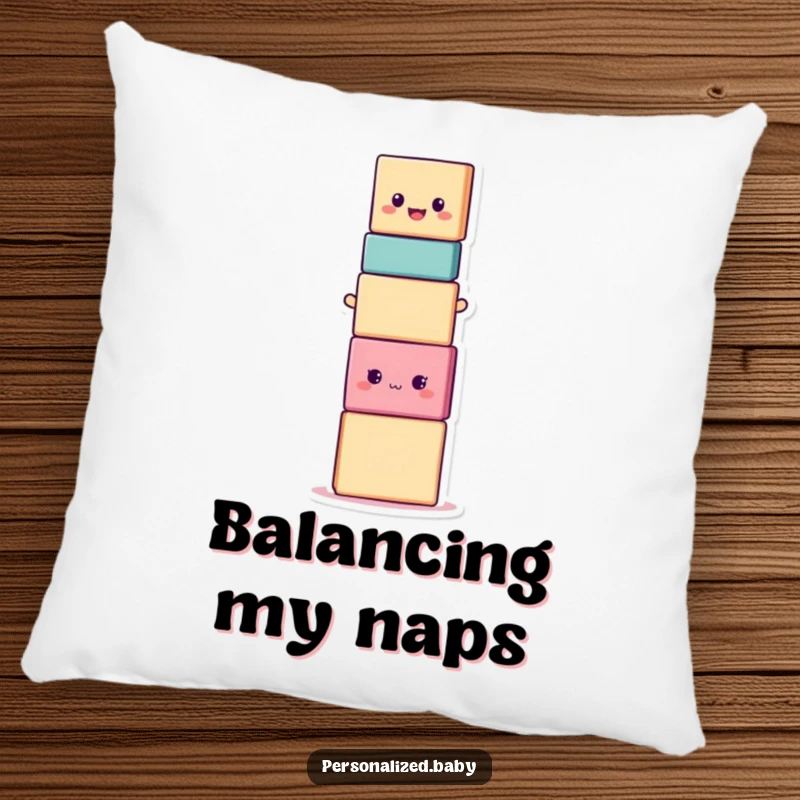 Funny smiling stacking block character in a precarious, wobbly stack, a humorous pillow for cozy, comedic comfort.