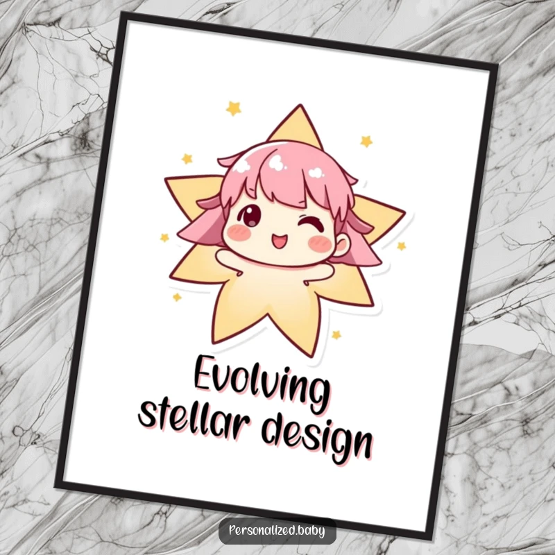 Funny algorithm digital art print of an evolving character delightedly forming a star, representing intelligence, growth, and creative coding.