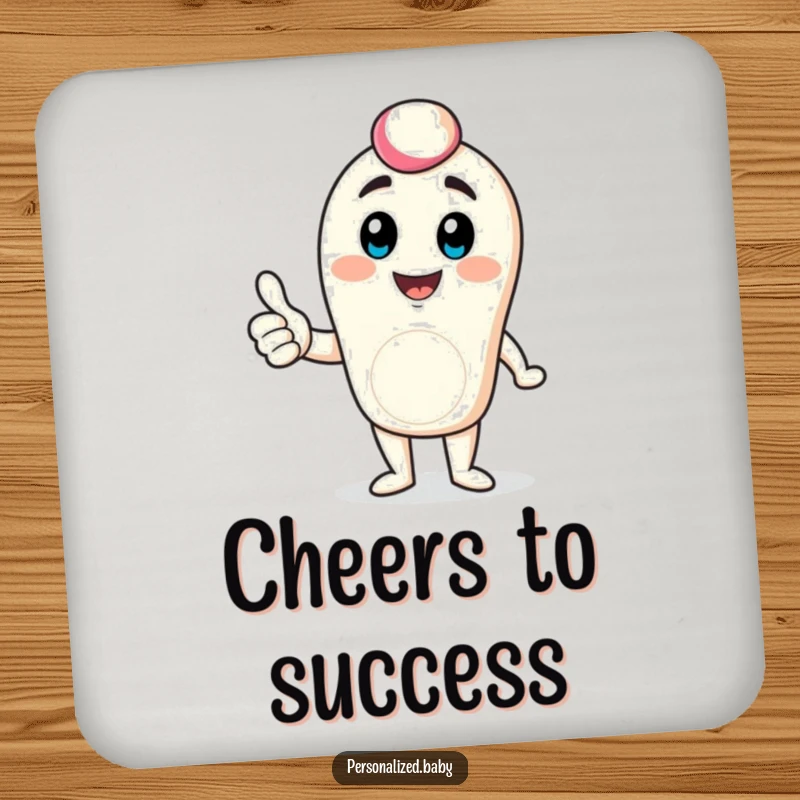 Funny digital avatar coaster showing a bouncing character giving a thumbs up, providing surface protection with a positive digital aesthetic.
