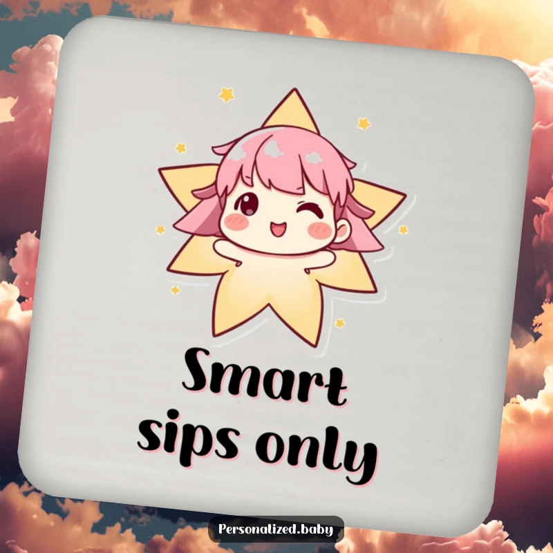 Funny algorithm coaster showing an evolving character delightedly forming a star, providing surface protection with a smart, modern aesthetic.