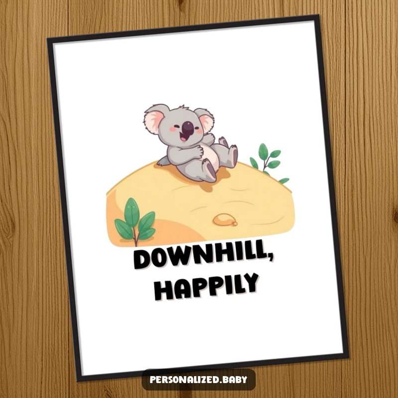 Funny Poster: A giggling koala bear rolls joyfully down a smooth green hillside, radiating pure, uninhibited playful energy.