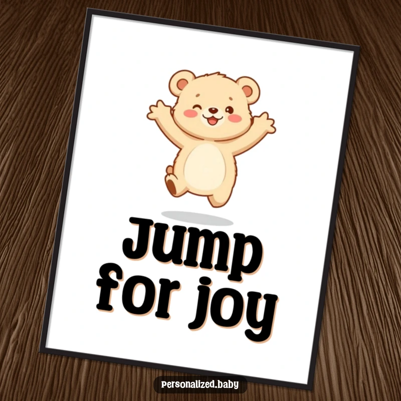 Funny Poster: A small, fluffy bear cub jumping with widespread arms, capturing a moment of pure, unadulterated joy and delight.