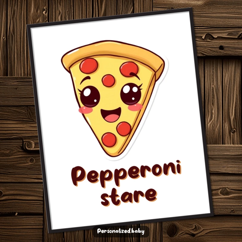 Funny poster art of a smiling, bouncy pizza slice with pepperoni eyes, radiating fun and deliciousness, ideal funny gift.