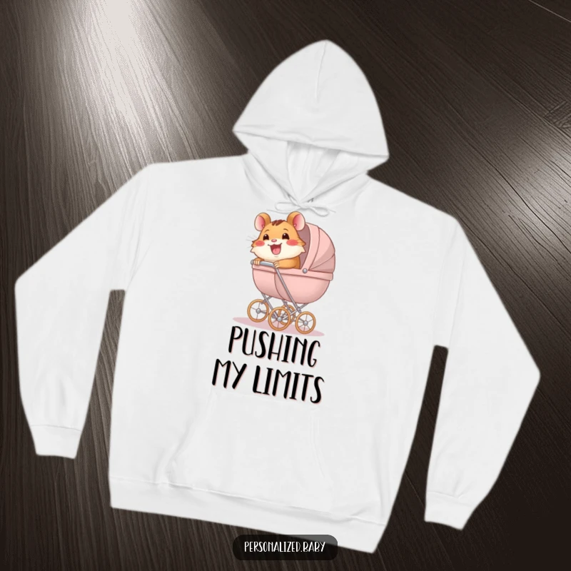 Funny Hoodie showcasing a happy hamster energetically pushing a large baby carriage, perfect for conveying a sense of humorous effort.
