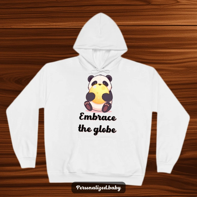 Funny hoodie featuring a sweet panda bear giving a glowing planet a hug, representing comfort, care, and environmental love.