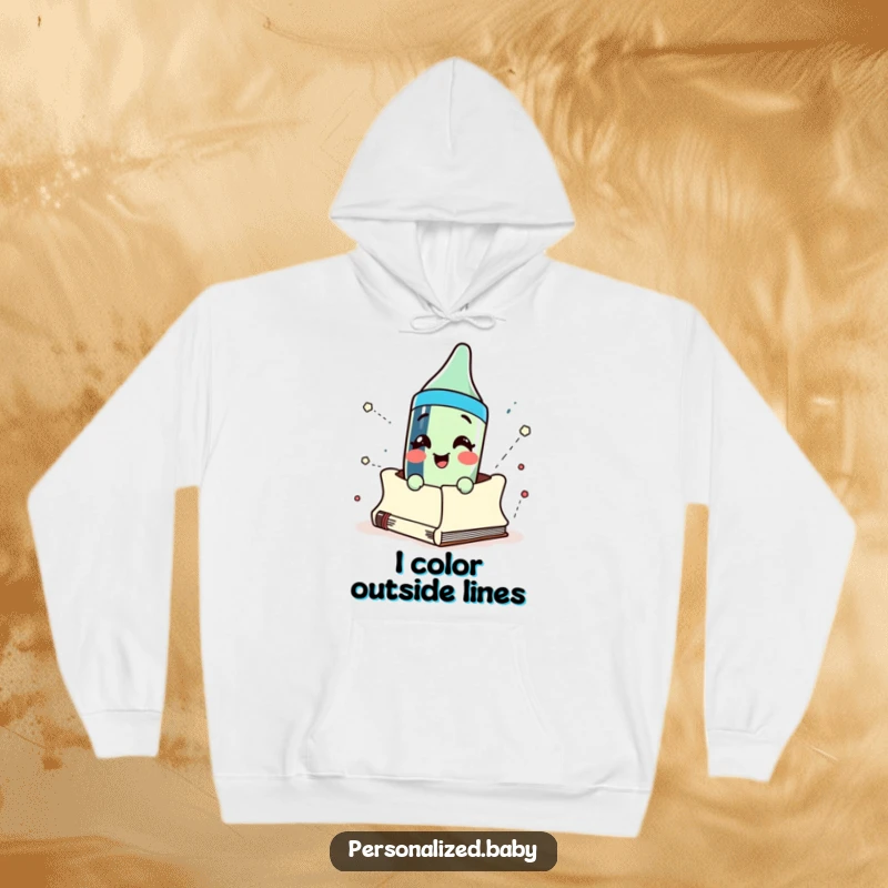 Funny crayon character emerging triumphantly from a sketchbook, rendered on a cozy hoodie for ultimate comfort and art appreciation.
