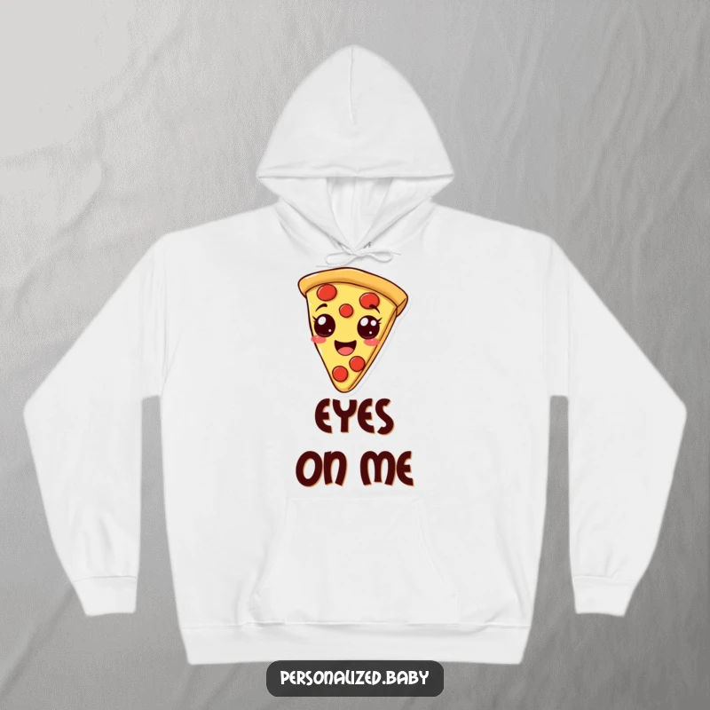 Funny, cozy hoodie showcasing a smiling, bouncy pizza slice with pepperoni eyes, ideal for comfort and pizza humor, a perfect funny gift.