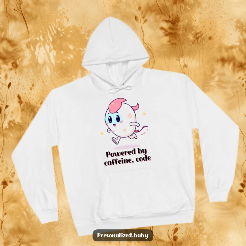 Funny hoodie showing a playful, zooming code character leaving a sparkly trail, ideal for cozy coding sessions.