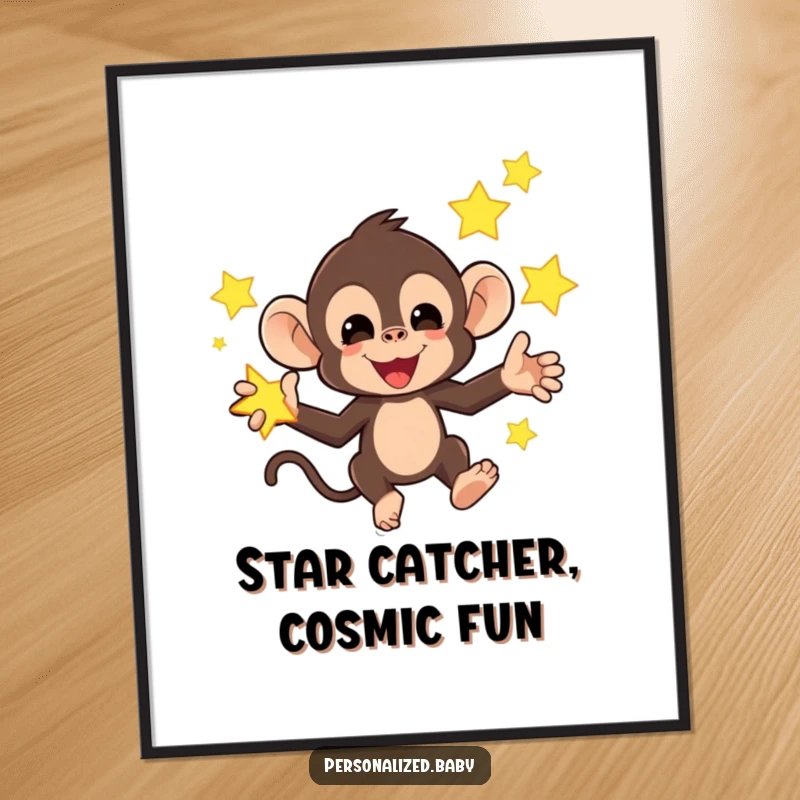 Funny Free Printable Monkey Wall Art: A mischievous monkey juggling bright, glowing stars, whimsical downloadable art.
