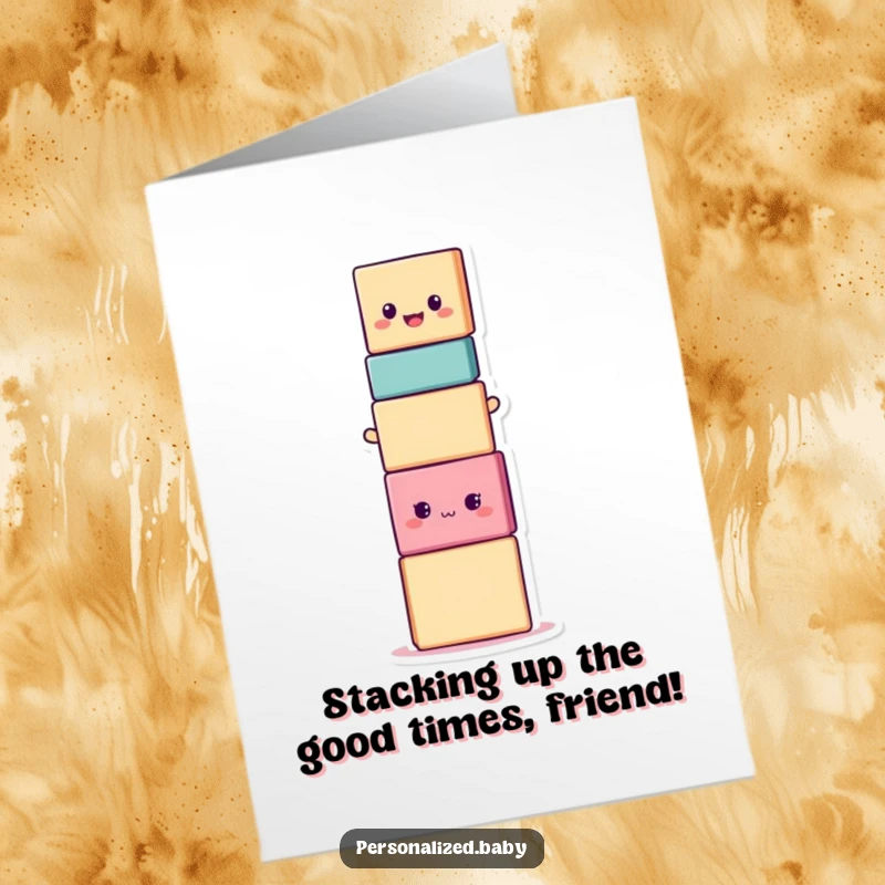 Funny Free Printable Birthday Card featuring a smiling stacking block character hilariously off-balance, ready to drop.