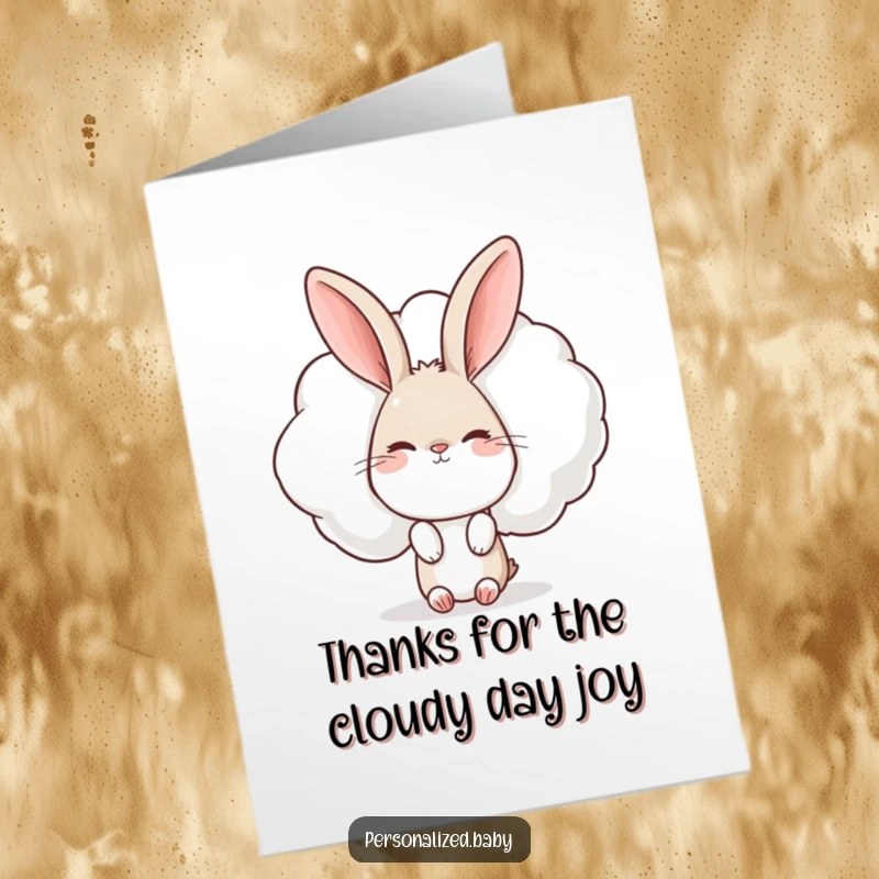 Funny Free Printable Thank You Card showing a curious rabbit hiding behind a giant, winking cloud, perfect for a humorous thank you.