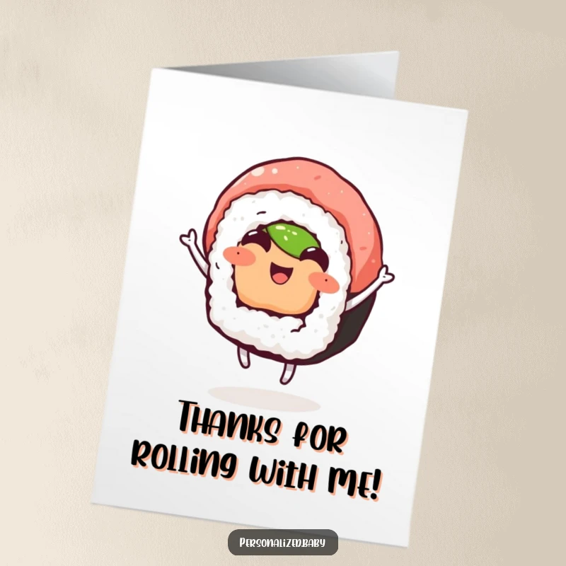 Funny Free Printable Thank You Card: A joyful sushi roll dances gleefully, expressing heartfelt thanks with infectious enthusiasm.