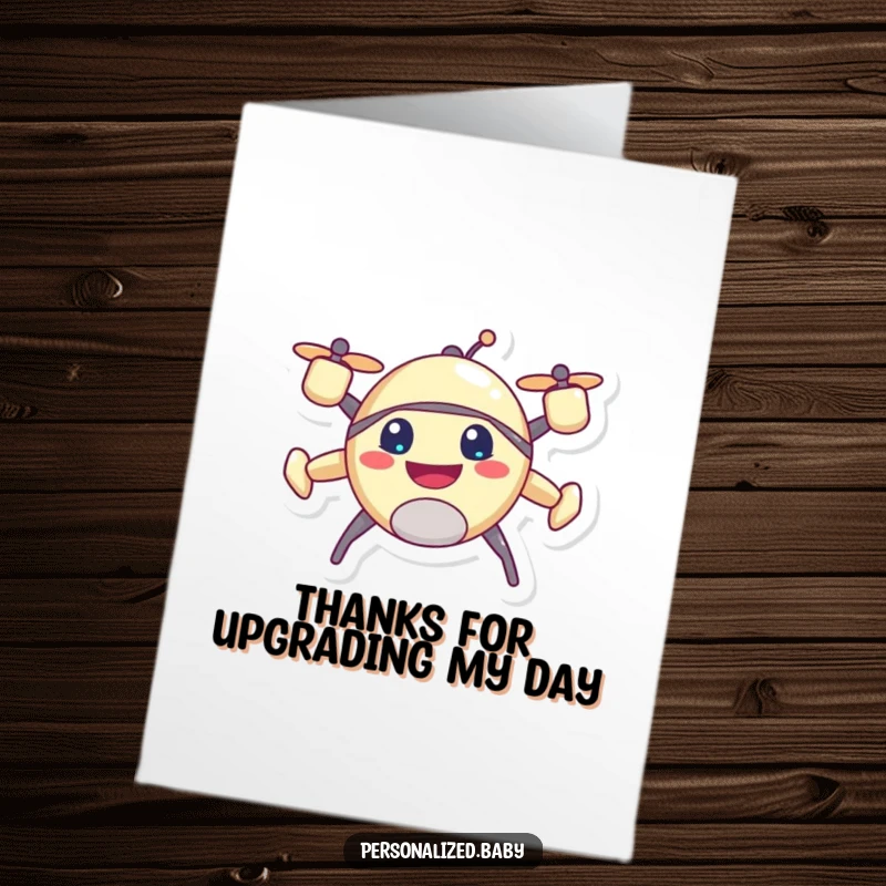 Funny Free Printable Thank You Card with a cheerful, buzzing drone character hovering, conveying gratitude with a smile.
