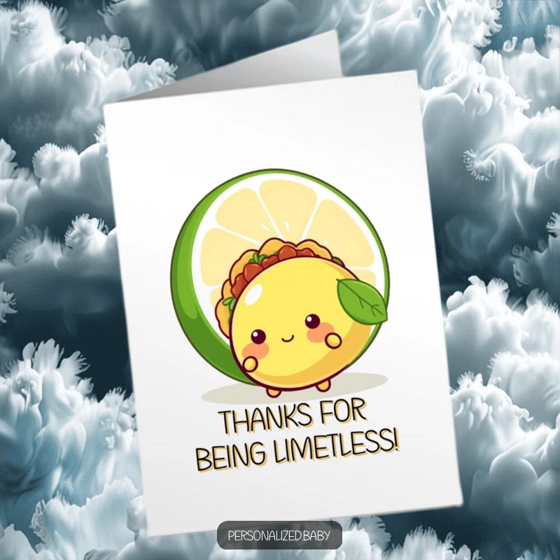 Funny Free Printable Thank You Card: A shy taco character blushes while peeking from behind a giant lime, offering thanks.