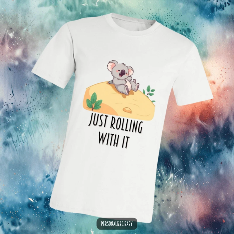 Funny T-Shirt: A giggling koala bear rolls down a smooth hill, arms flailing in playful abandon and pure, unadulterated joy.