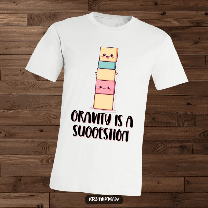 Funny smiling stacking block character in a precarious balancing act, a humorous t-shirt for a playful spirit.