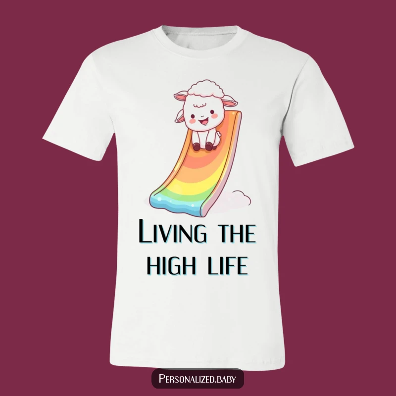Funny Rainbow Ride T-Shirt: Giggling lamb on slide, a hilarious gift idea.