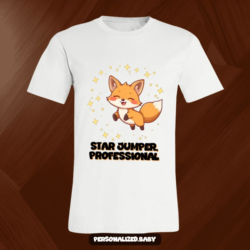 Funny T-Shirt with a smiling fox dynamically leaping through a field of twinkling constellations, radiating joy and cosmic exploration.
