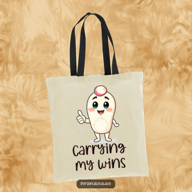 Funny digital avatar tote bag showcasing a bouncing character giving a thumbs up, perfect for carrying essentials with a positive attitude.
