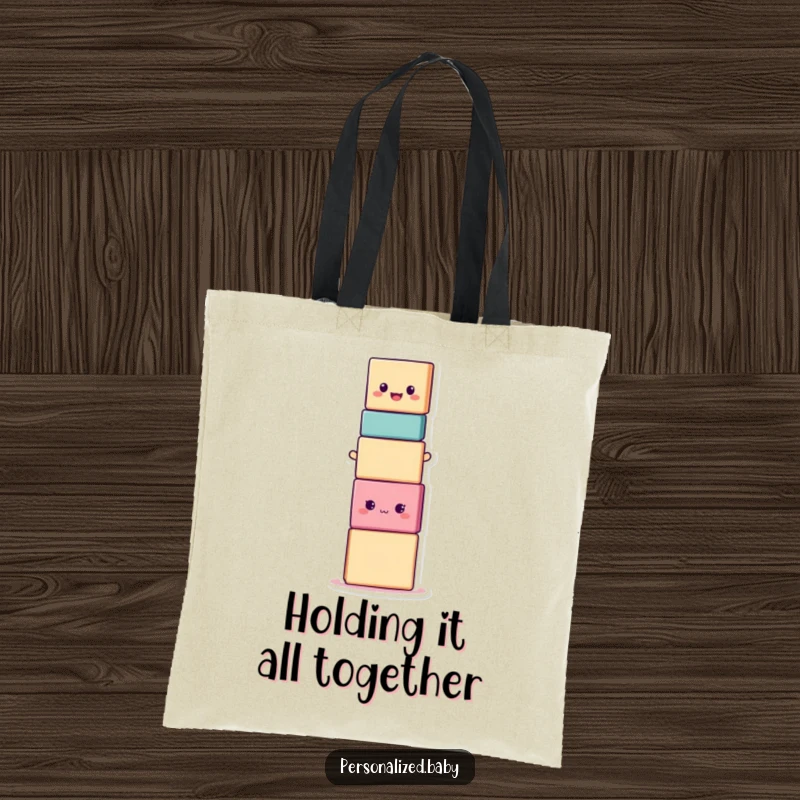 Funny smiling stacking block character in a wobbly, stacked position, a humorous tote bag for stylish, comedic carrying.